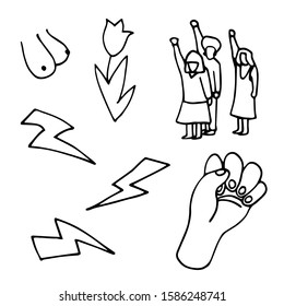 set of feminism elements, energy sign, fist symbol of protest and struggle for rights vector illustration with black contour lines isolated on white background in hand drawn and Doodle style