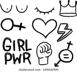 Set of feminism elements and grunge. Feminist black elements on white background. Woman textile t-shirt design. Female hand drawn brush graphic. Vector illustration. Girl power concept.