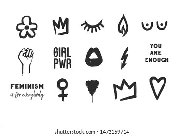 Set of feminism elements and text. Feminist black elements on white background. Woman textile t-shirt design. Female hand drawn brush graphic. Vector illustration. Girl power concept.