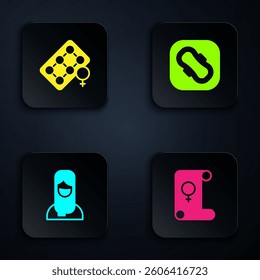 Set Feminism, Packaging of birth control pills, Muslim woman hijab and Sanitary napkin. Black square button. Vector