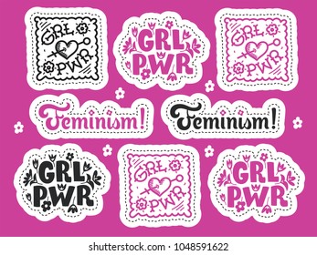 Set of feminism stickers. Feminism symbols vector illustration design. Girl power lettering quote. Ready for printing patch. Collection of feminist stickers.
