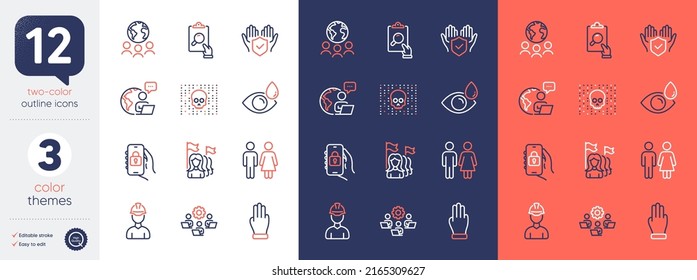 Set of Feminism, Three fingers and Teamwork line icons. Include Cyber attack, Outsource work, Insurance hand icons. Restroom, Foreman, Eye drops web elements. Inspect, Locked app. Vector