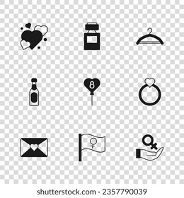 Set Feminist activist, Diamond engagement ring, Female gender symbol, Balloons with 8 March, Hanger wardrobe, Heart, Perfume and Champagne bottle icon. Vector