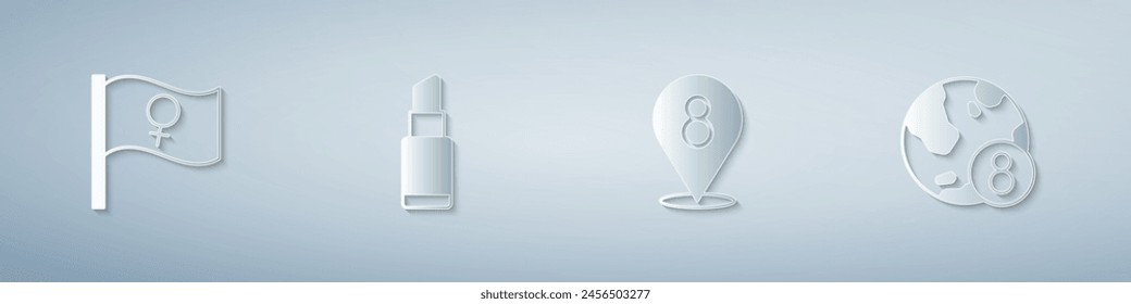 Set Feminist activist, Lipstick, 8 March and International Women Day. Paper art style. Vector