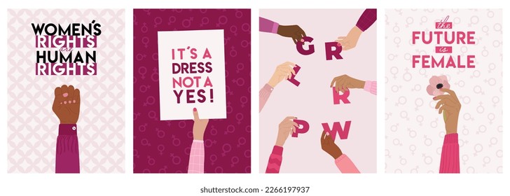 Set of feminist cards with woman rights, empowerment, girl power, fight for gender equality, feminism and sisterhood concept. International Women's Day, 8 March. Hand drawn vector illustration.