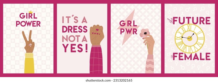 Set of feminist cards with woman rights, empowerment, girl power, fight for gender equality, feminism and sisterhood concept. International Women s Day, 8 March. Hand drawn vector illustration.