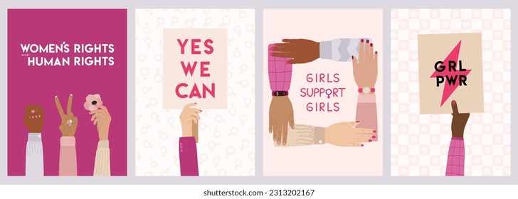 Set of feminist cards with woman rights, empowerment, girl power, fight for gender equality, feminism and sisterhood concept. International Women s Day, 8 March. Hand drawn vector illustration.