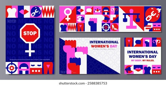 Set of Feminist geometric banners, posters with protest symbols, feminism icons, gender equality signs, Woman rights illustrations. International Women's Day cards in red, black, white and blue