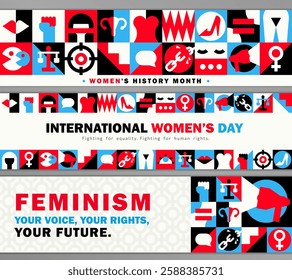 Set of Feminist geometric headers with protest symbols, human rights icons, gender equality signs, and bold text. International Women's Day minimalist panoramic banners in red, black, white and blue