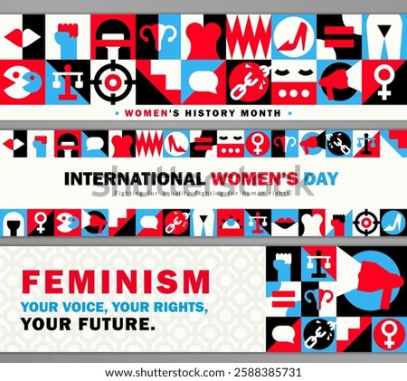 Set of Feminist geometric headers with protest symbols, human rights icons, gender equality signs, and bold text. International Women's Day minimalist panoramic banners in red, black, white and blue