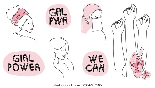 Set feminist girl power vector with nationality women face, fist and lettering WE CAN, GIRL POWER, GRl PWR in continuous one line art