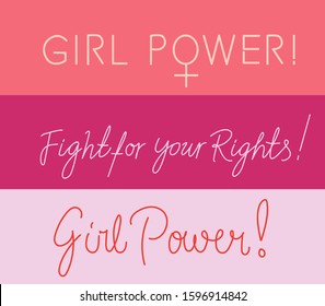 Set of feminist slogan line art illustrations for pins, patches, stickers. Motivational phrases: "Fight for your rights", "Girl power".