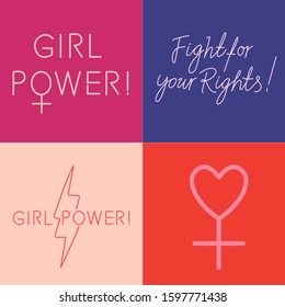 Set of feminist slogan line art illustrations for pins, patches, stickers. Motivational phrases: "Fight for your rights", "Girl power" and stylized Venus symbol with heart and small cross below it.