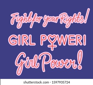 Set of feminist slogan line art illustrations for pins, patches, stickers. Motivational phrases: "Fight for your rights", "Girl power".