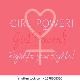 Set of feminist slogan line art illustrations for pins, patches, stickers. Motivational phrases: "Fight for your rights", "Girl power".
