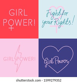 Set of feminist slogan line art illustrations for pins, patches, stickers. Motivational phrases: "Fight for your rights", "Girl power".