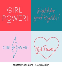 Set of feminist slogan line art illustrations for pins, patches, stickers. Motivational phrases: "Fight for your rights", "Girl power".