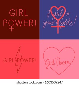 Set of feminist slogan line art illustrations for pins, patches, stickers. Motivational phrases: "Fight for your rights", "Girl power".