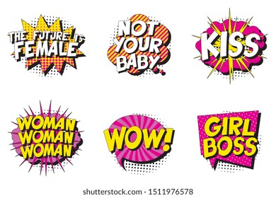 set of feminist slogans in retro pop art style in comic speech bubble on white background. vector vintage illustration for banner, poster, t-shirt, etc. easy to edit and customize. eps 10