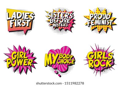 set of feminist slogans in retro pop art style in comic speech bubble on white background. vector vintage illustration for banner, poster, t-shirt, etc. easy to edit and customize. eps 10