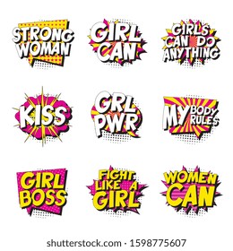 set of feminist slogans in retro pop art style in comics speech bubbles on white background. vector vintage illustration for banner, poster, t-shirt, etc. easy to edit and customize. eps 10