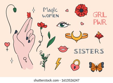 Set of feminist stickers. Graceful woman hand, crescent tiara, butterfly, poppy flowers, lips and eye. Idea for t-shirt print design, poster, badges and pins about feminism. Warm red orange palette.