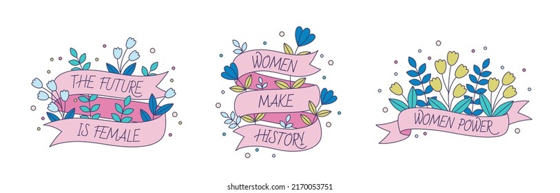 Conjunto de pegatinas feministas vectoriales. Ilustración del concepto de empoderamiento de la mujer. Etiquetas del Día Internacional de la Mujer con citas inspiradoras. Juego de imágenes prediseñadas del Día de la Mujer Feliz.