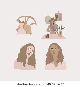 Set feministic cartoon figures - feet in slippers, girl taking a selfie, portrait of a young beautiful woman. 