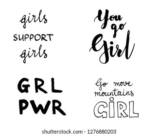 Set of feministic motivational phrases. Hand lettering, vector illustration.