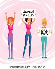 Set of Feminists Women Protesters in Different Poses. Lady in Casual Clothes. Demonstration For Womenâ??s Rights Vector Art Characters Holding Signs Flat Style.