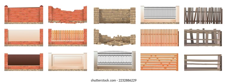 Set of fence. Brick stone and wood. New and destroyed old. Isolated on white background Vector