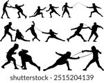 Set of fencer silhouette illustration. People pose full body while fencing.