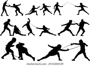 Set of fencer silhouette illustration. People pose full body while fencing.