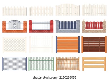 A set of fences for fencing. Wooden and metal fences. Vector illustration on a white background