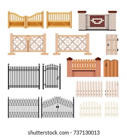 Set of fences - modern vector realistic isolated clip art on white background. Gates of different structures, materials, colors. Metal forging, stone and brick masonry and wood hedges with wickets