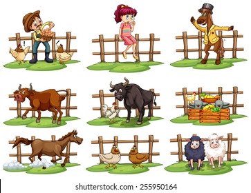 Set of fences with people and animals on a white background