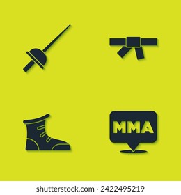 Set Fencing, Fight club MMA, Sport boxing shoes and Black karate belt icon. Vector