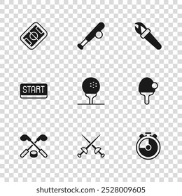 Set Fencing, Racket, Stopwatch, Golf ball on tee, Torch flame, Football field, Baseball bat with and Ribbon finishing line icon. Vector