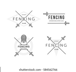 Set Of Fencing Sports Vector Logo Or Badge. Emblem Elements. Fencing Equipment - Rapier, Foil, Mask. Sport Academy