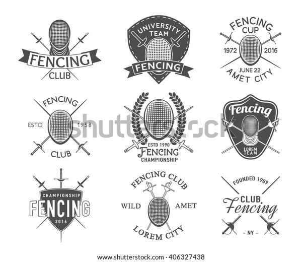 Set of Fencing sports vector logo, icon, label,\
stamp, emblem, badge, insignia, elements design. Championship, cup,\
tournament symbols with Fencing equipment - rapier, foil, mask for\
web or print