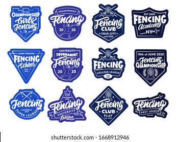 Set of Fencing stickers, patches. Colorful badges, emblems, stamps on white background isolated. Collection of retro sport logos with hand-drawn text, phrases. Vector illustration