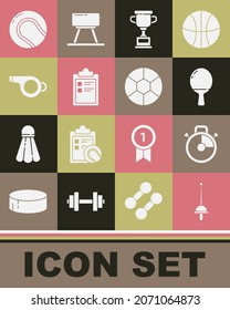 Set Fencing, Stopwatch, Racket for playing table tennis, Award cup, Sport training program, Whistle, Baseball ball and Football icon. Vector