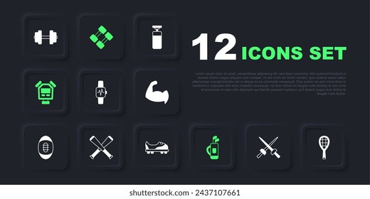 Set Fencing, Tennis racket, Smart watch with heart, Golf bag clubs, Stopwatch, Crossed baseball bat, Dumbbell and Football shoes icon. Vector