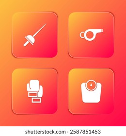 Set Fencing, Whistle, Boxing glove and Bathroom scales icon. Vector