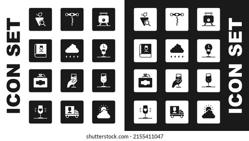 Set Fermentation Of Grapes, Cloud With Rain, Book About Wine, Grapes, Wine Time, Corkscrew, Glass And Cardboard Box Icon. Vector