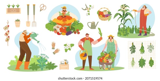 Set of fermers planting crops, gathering harvest, pour from a watering can