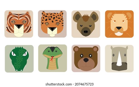 Set of ferocious animal portraits in the form of icons (vector illustration - symbols)