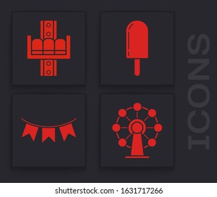 Set Ferris wheel, Attraction carousel, Ice cream and Carnival garland with flags icon. Vector