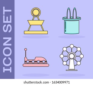 Set Ferris wheel, Attraction carousel, Bumper car and Magician hat and rabbit ears icon. Vector