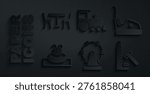 Set Ferris wheel, Bumper car, Fountain, Striker attraction with hammer, Toy train and Picnic table chairs icon. Vector